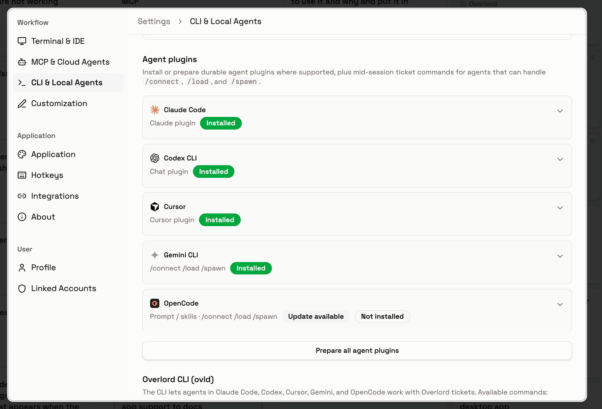 Overlord desktop app settings page showing CLI and Local Agents with the Agent plugins installer.