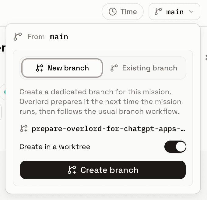 Branch panel showing a new branch generated from the mission title, with the Create in a worktree toggle enabled.