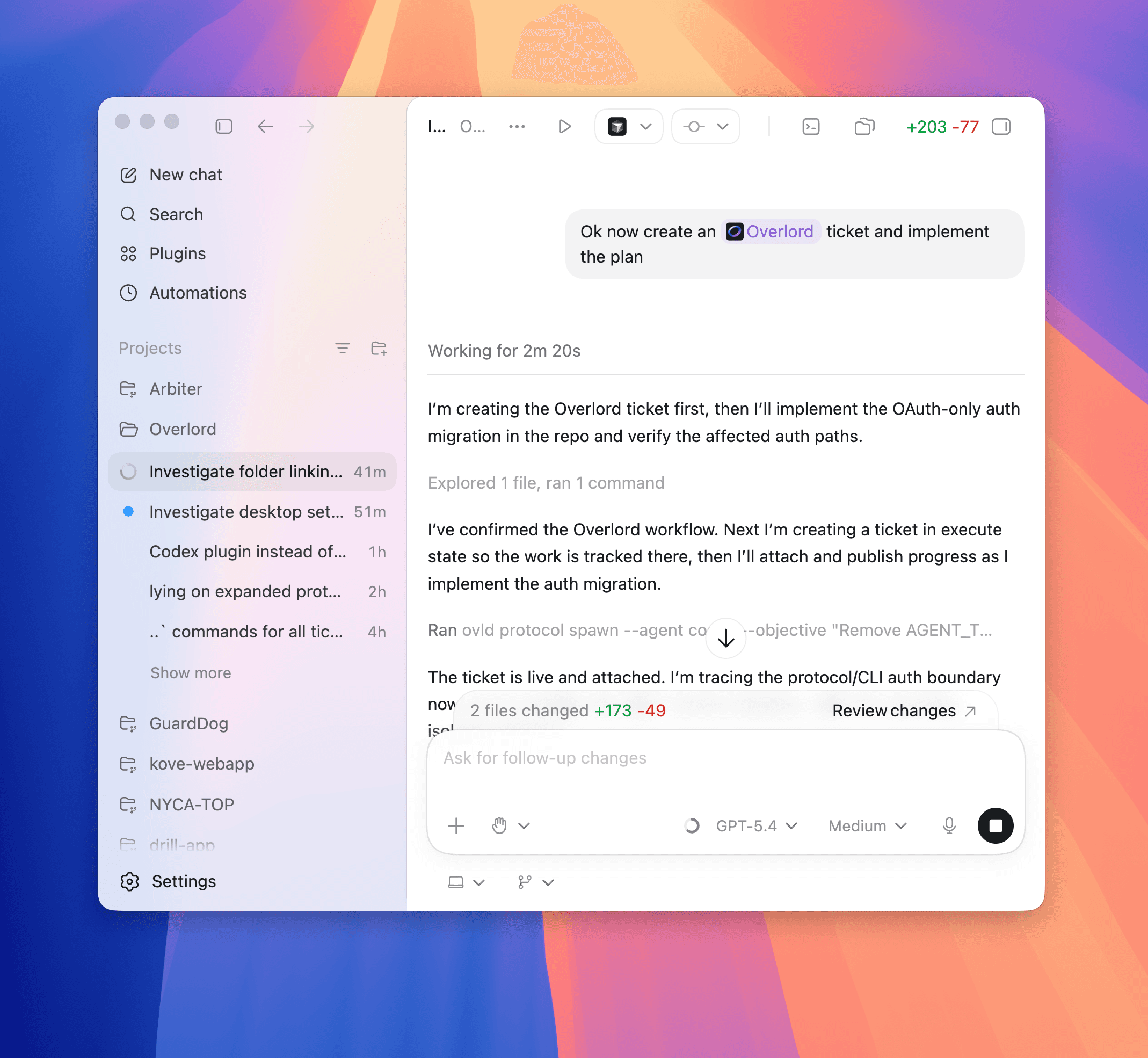 Codex desktop app with the Overlord plugin installed and available in chat.
